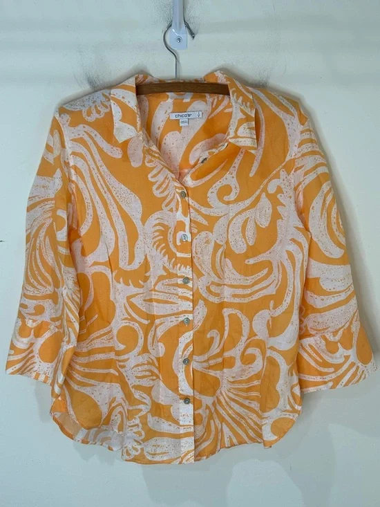 CHICO’S 100% Linen Orange White 3/4 Sleeve Button Front Blouse Size 2 US 12 - Picture 2 of 13